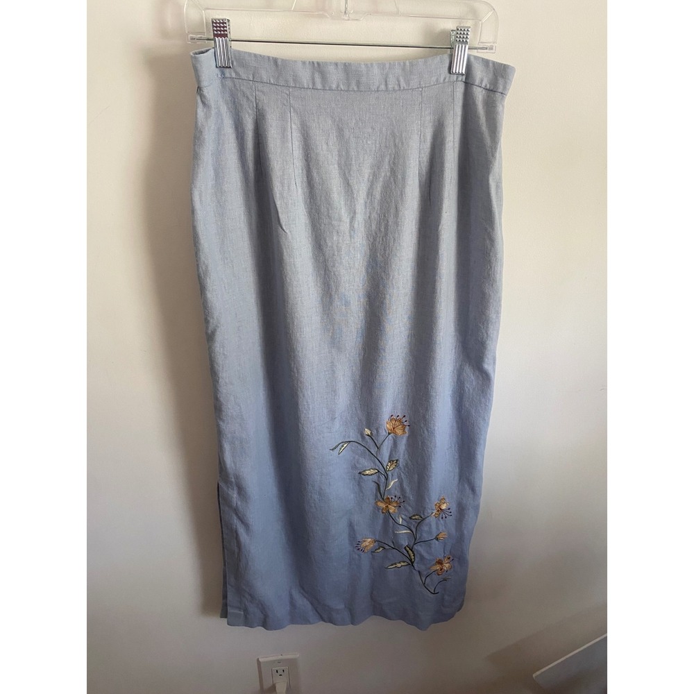 Virgo Light Blue Linen Blend Embroidered Floral Midi Skirt Size‎ 14 Side Slit